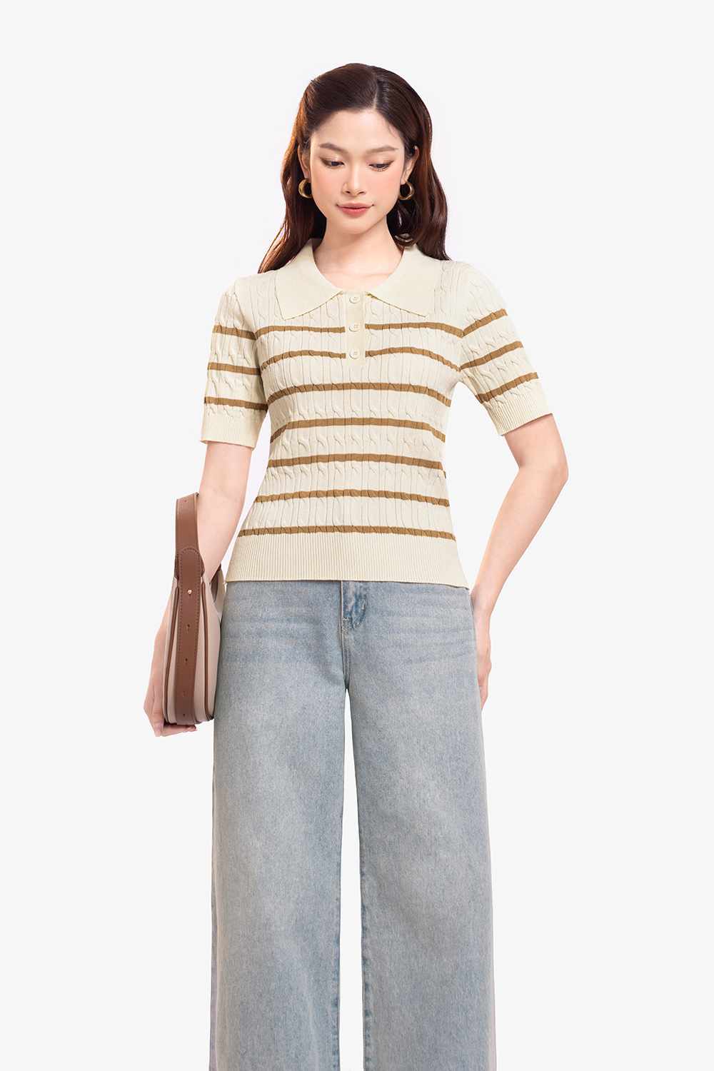 Áo polo dệt kim kem sọc nâu