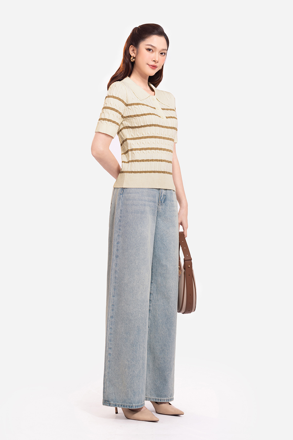 Áo polo dệt kim kem sọc nâu