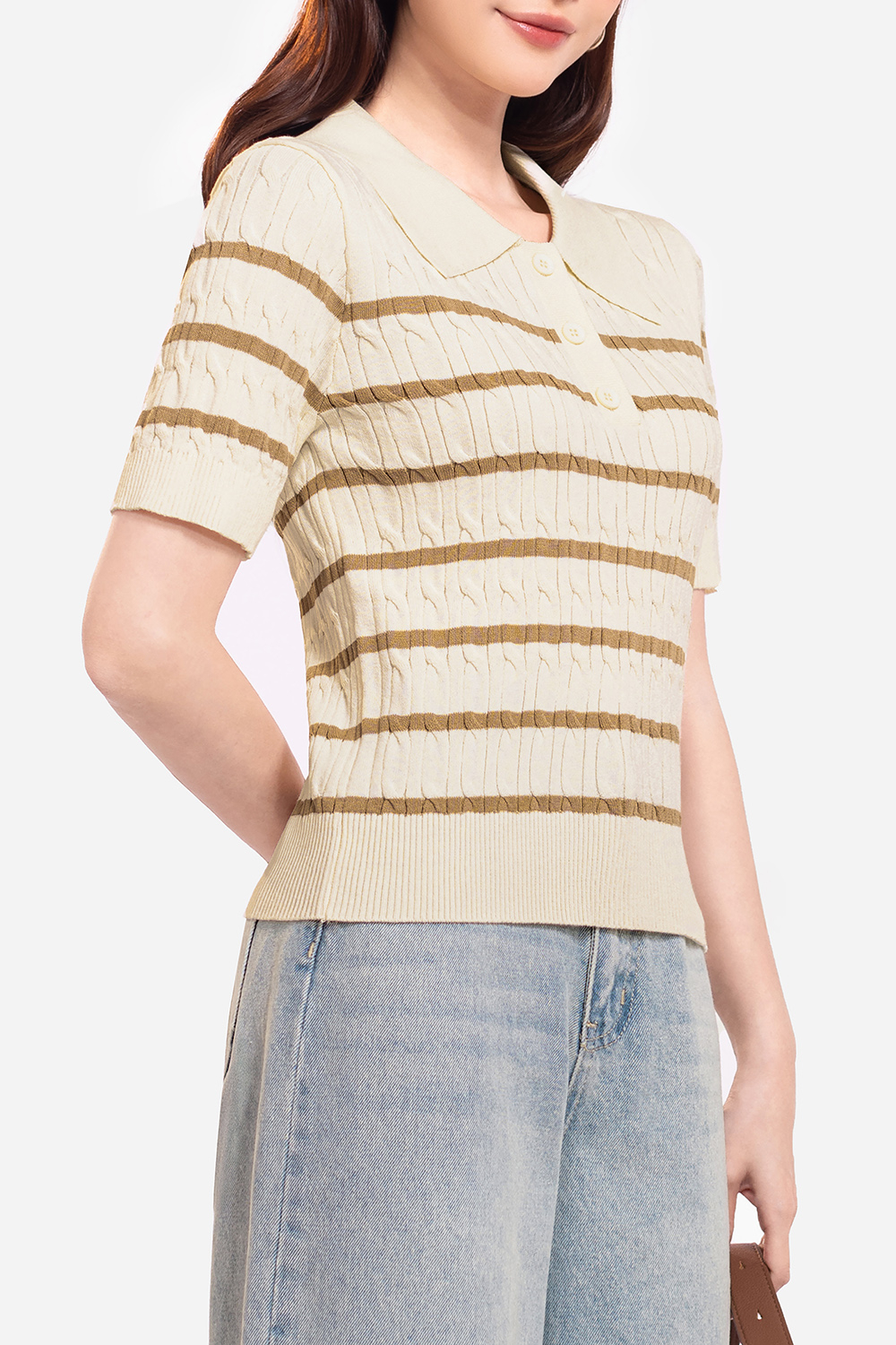 Áo polo dệt kim kem sọc nâu