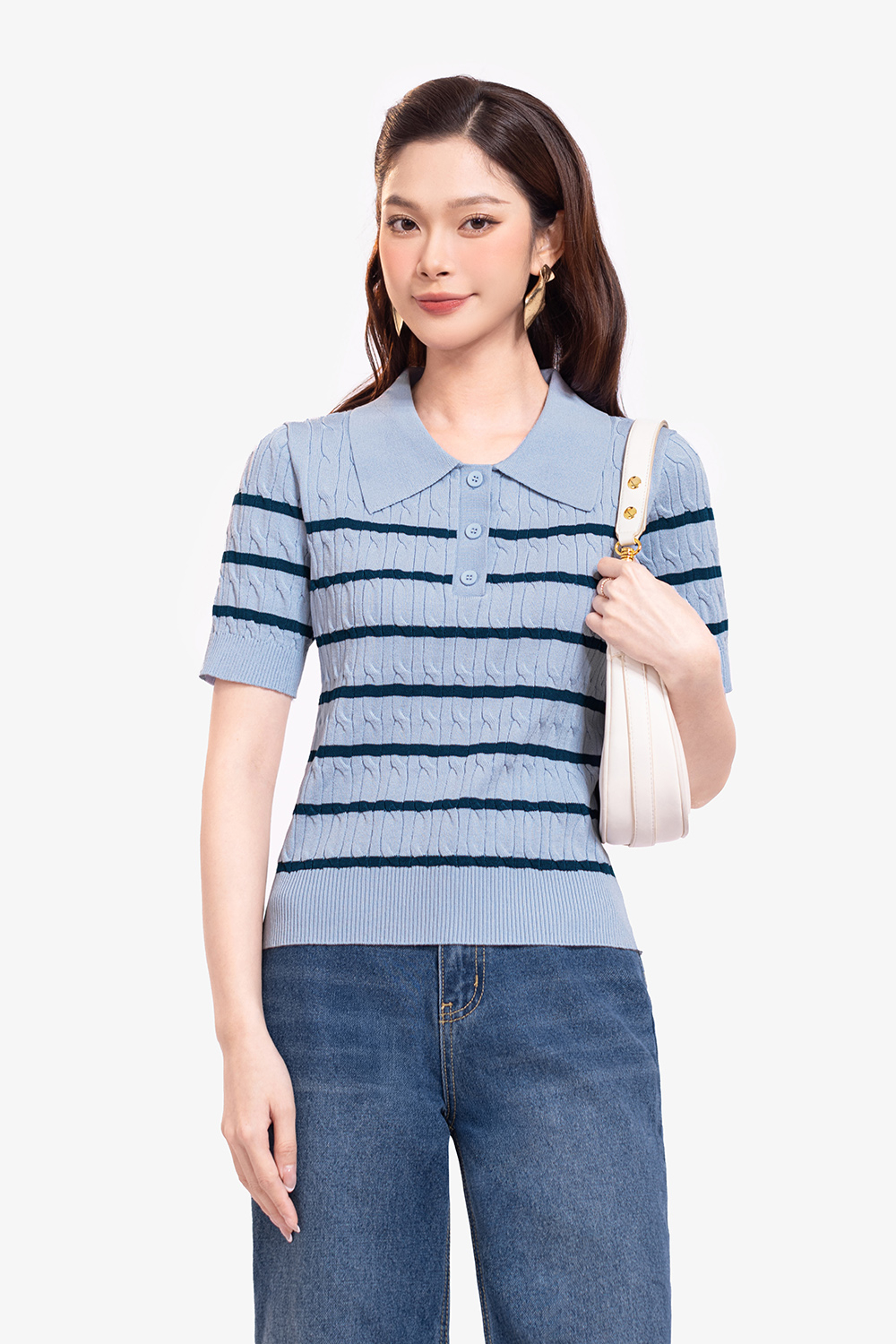 Áo polo dệt kim xanh sọc