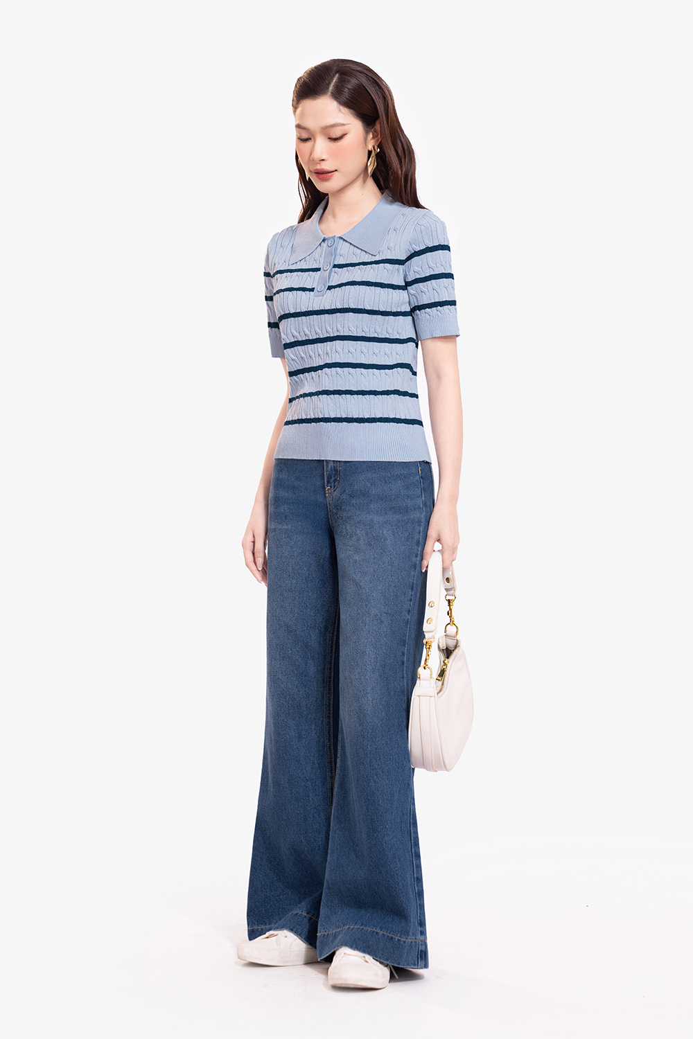 Áo polo dệt kim xanh sọc