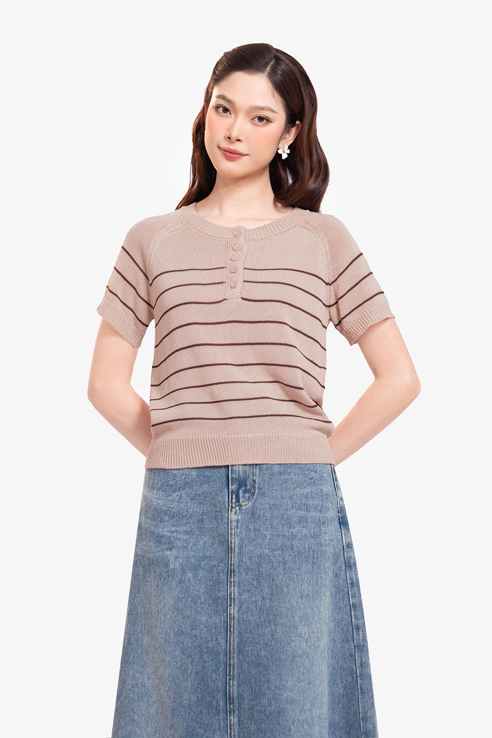 Áo len dệt kim hồng ruốc kẻ sọc