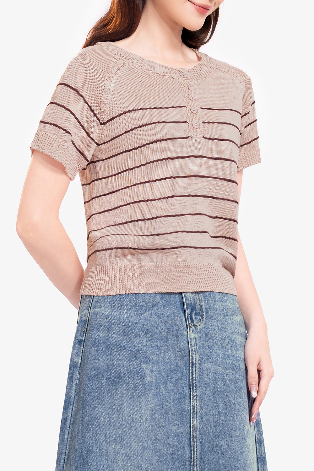 Áo len dệt kim hồng ruốc kẻ sọc