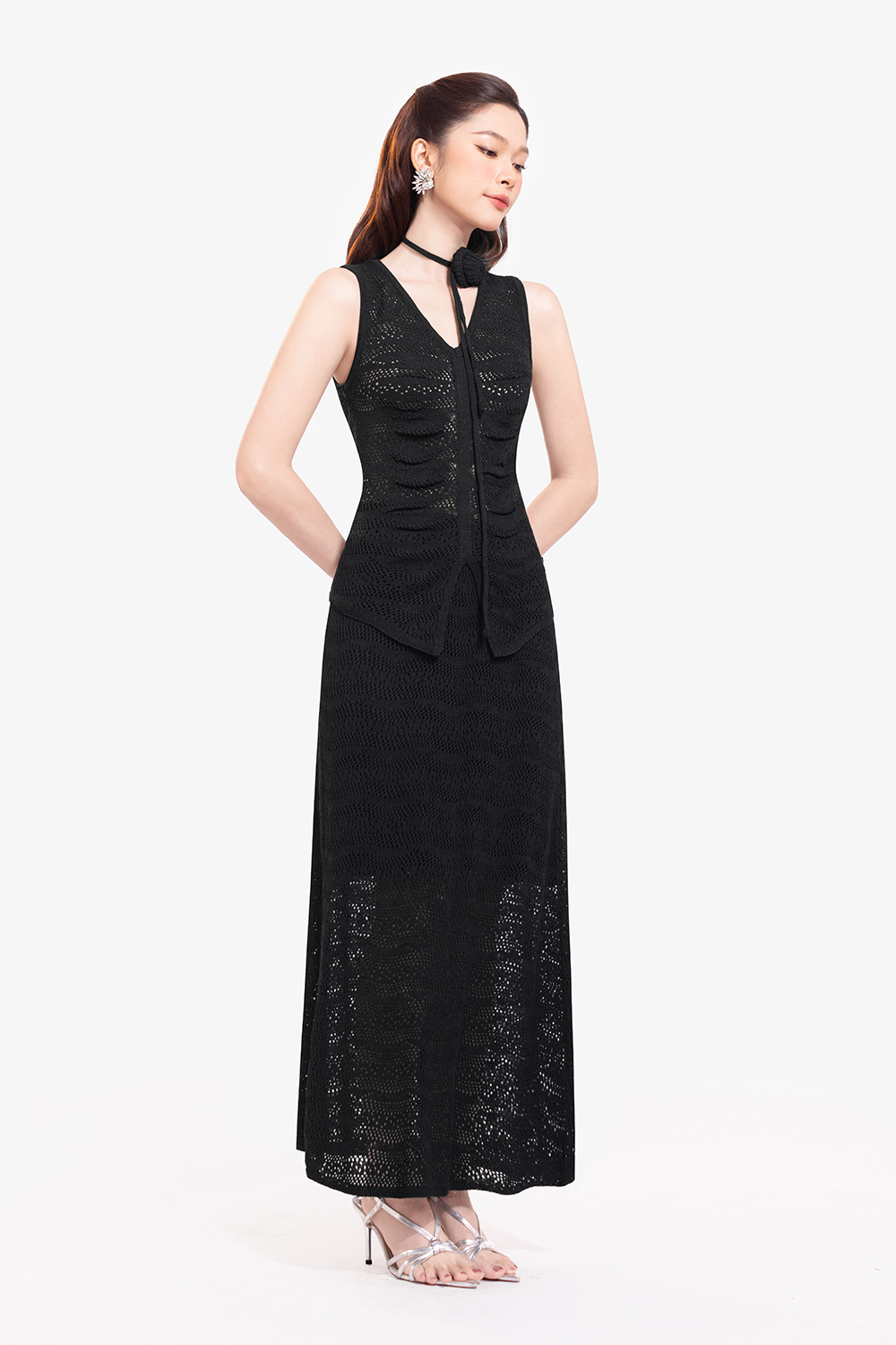 Set áo váy dệt kim dáng dài màu đen