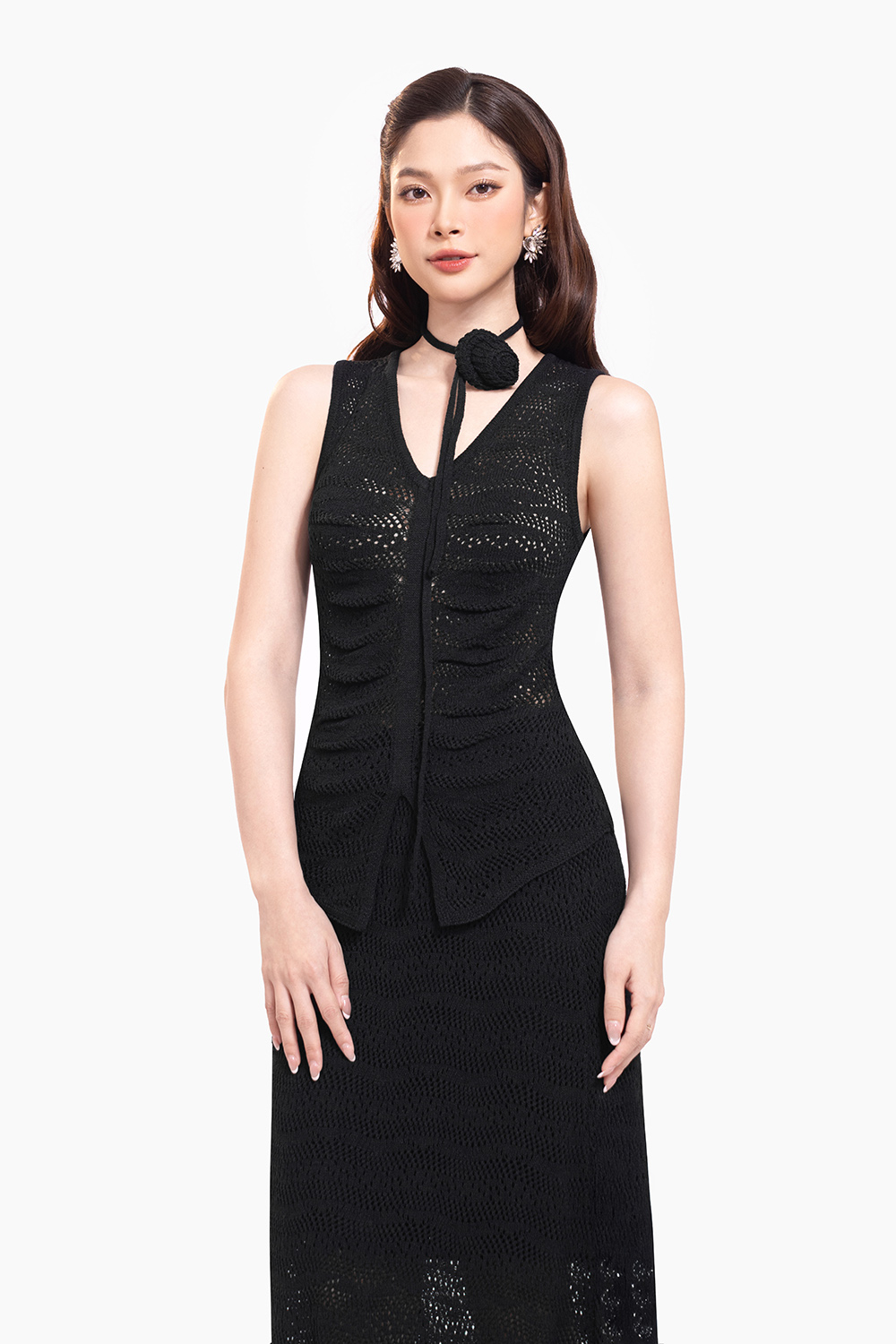 Set áo váy dệt kim dáng dài màu đen