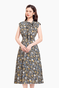 Đầm xòe họa tiết hoa cổ phối nơ