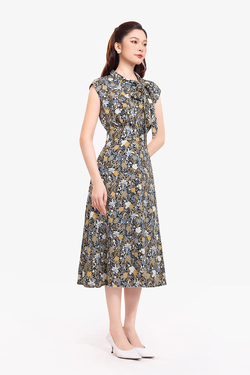 Đầm xòe họa tiết hoa cổ phối nơ