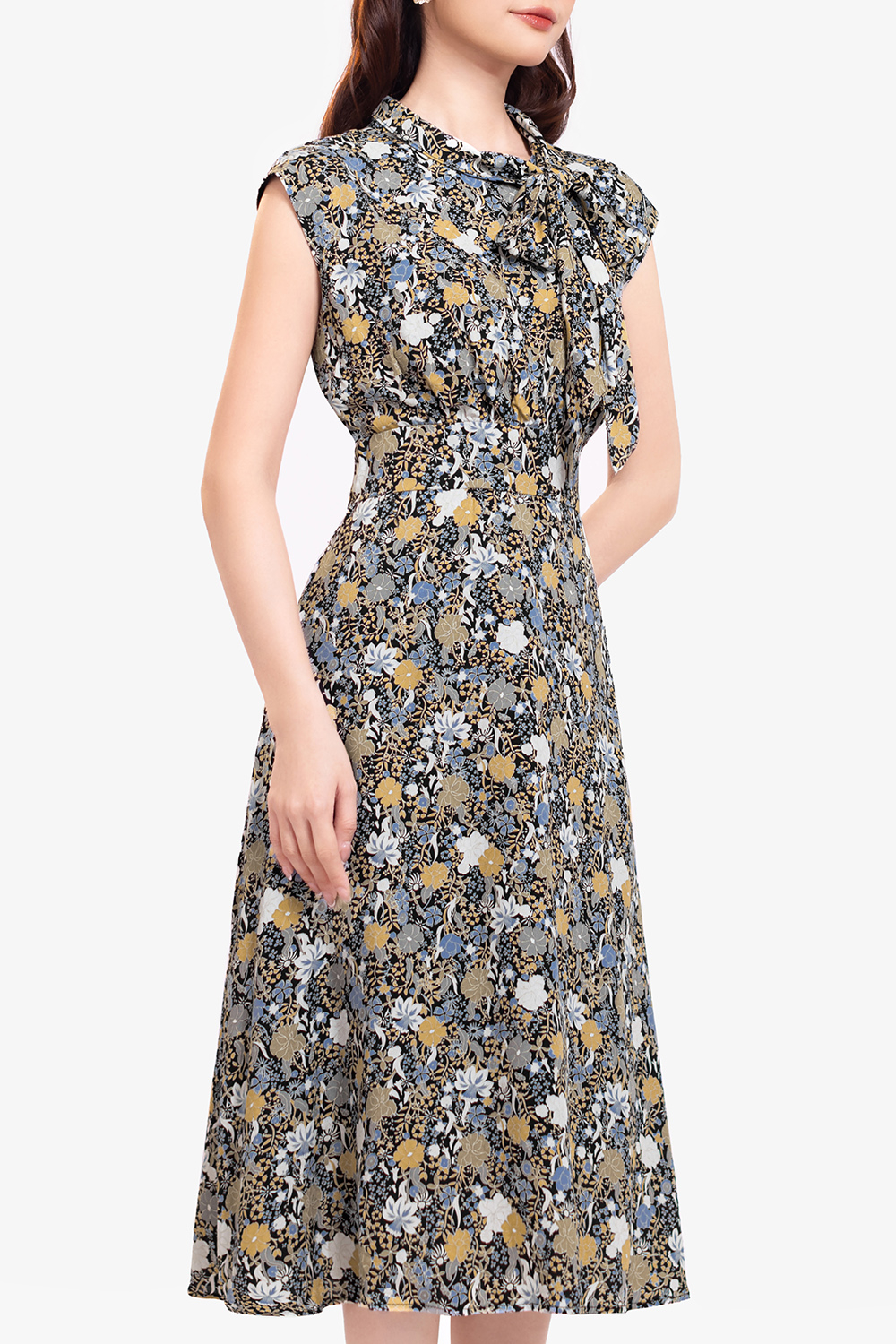 Đầm xòe họa tiết hoa cổ phối nơ