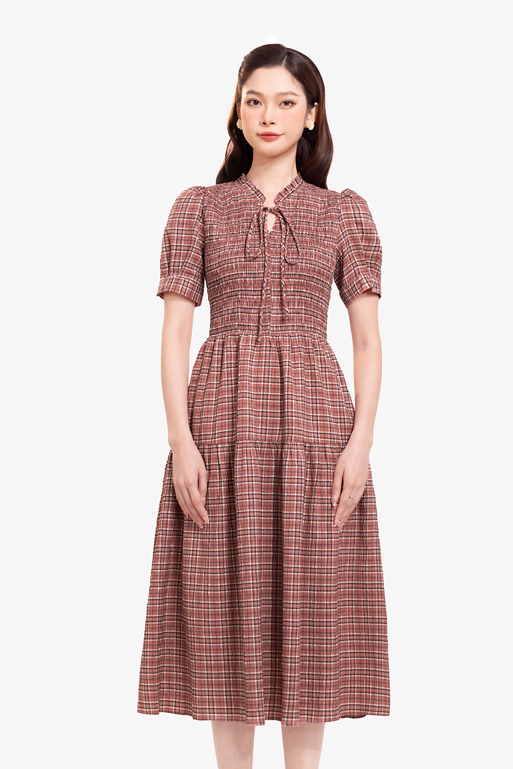 Đầm caro dáng xòe cổ phối nơ