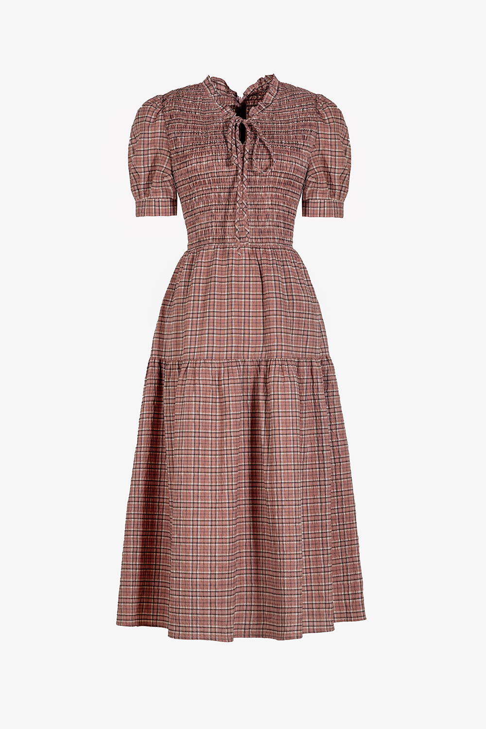 Đầm caro dáng xòe cổ phối nơ