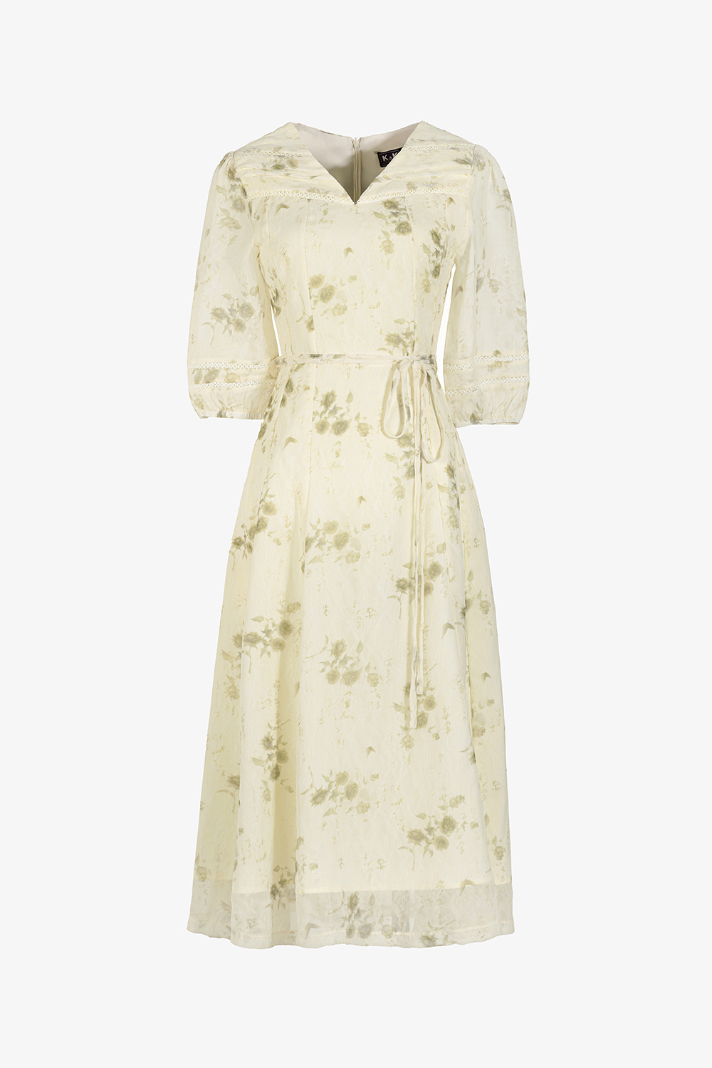 Đầm voan hoa dáng xòe eo phối nơ