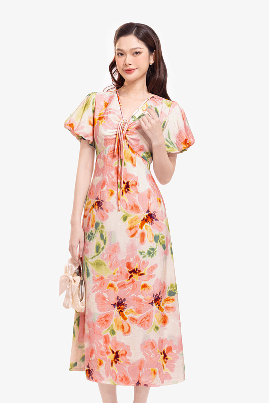 Đầm hoa dáng chữ A cổ V phối nơ KK177-15