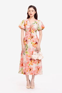 Đầm hoa dáng chữ A cổ V phối nơ