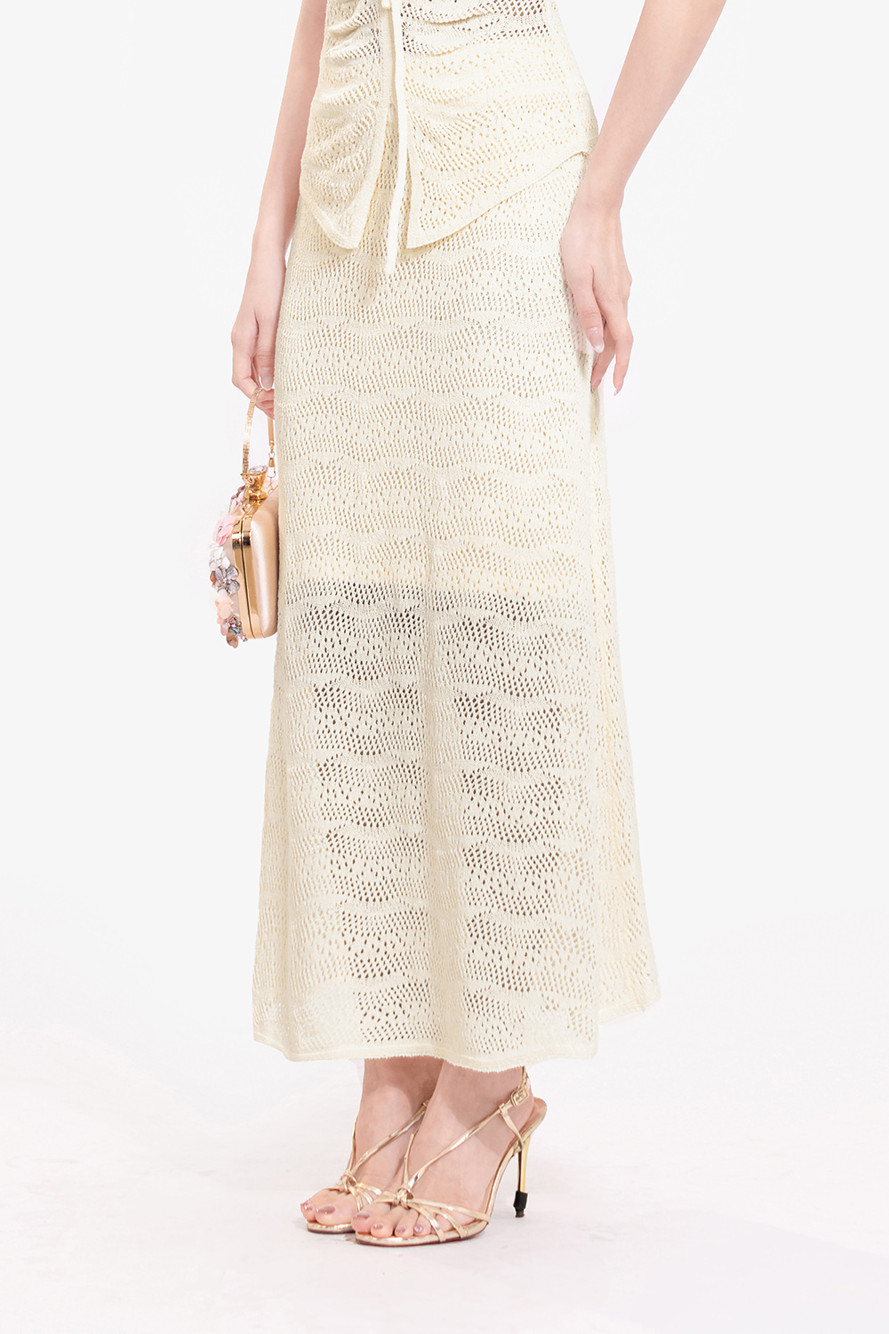 Set áo váy dệt kim dáng dài màu kem