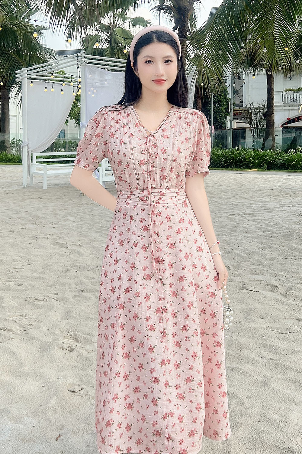 Đầm hoa nhí dáng xòe chữ A cổ phối nơ KK177-12