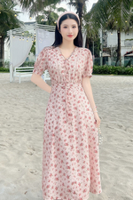 Đầm hoa nhí dáng xòe chữ A cổ phối nơ