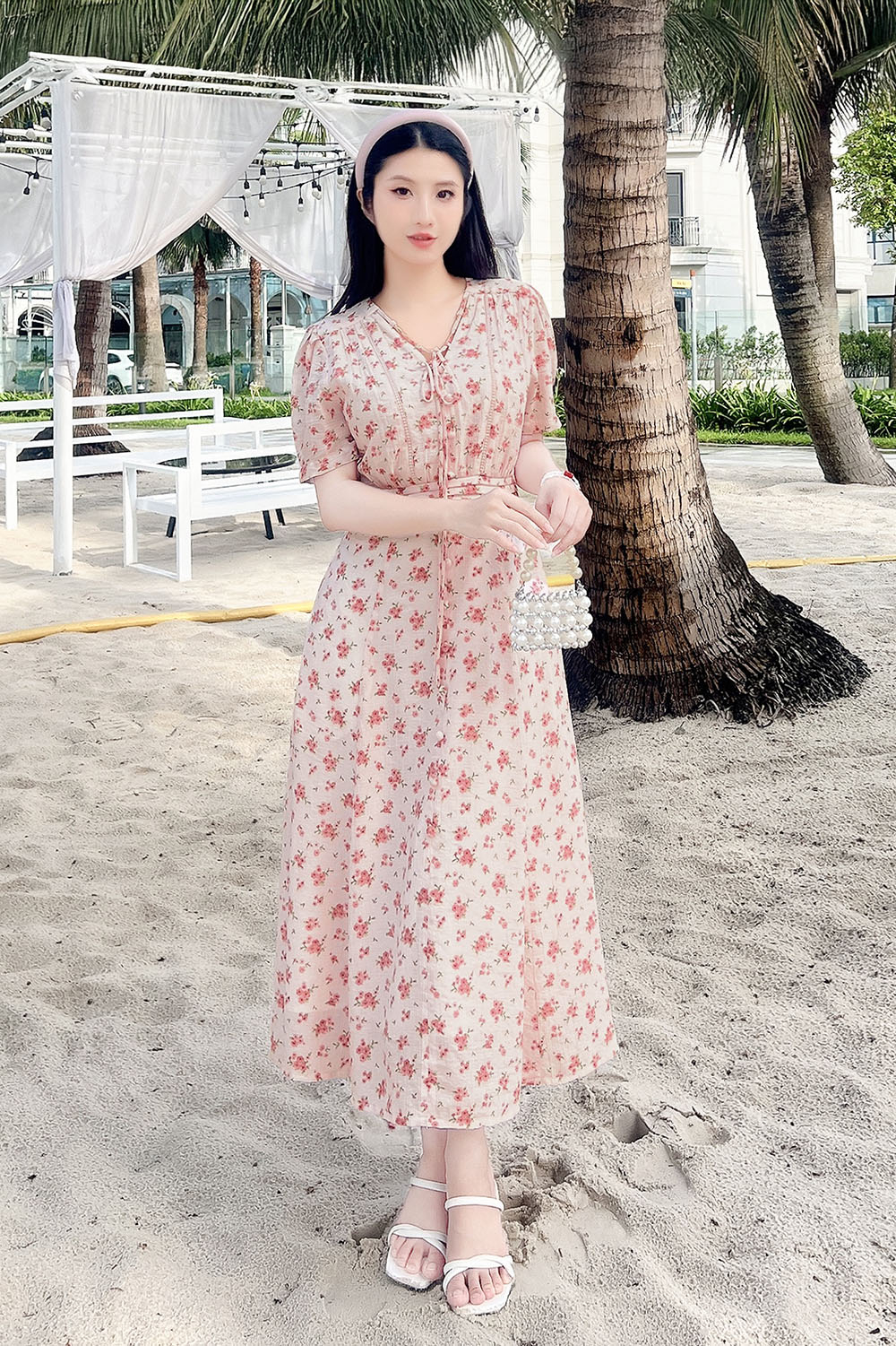 Đầm hoa nhí dáng xòe chữ A cổ phối nơ