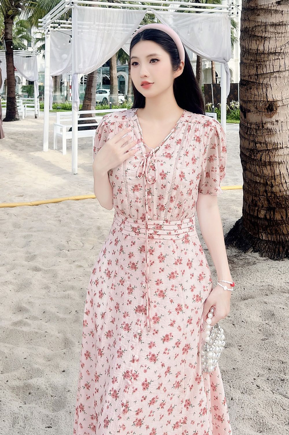 Đầm hoa nhí dáng xòe chữ A cổ phối nơ