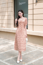 Đầm hoa nhí dáng chữ A cổ V phối nơ