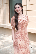 Đầm hoa nhí dáng chữ A cổ V phối nơ
