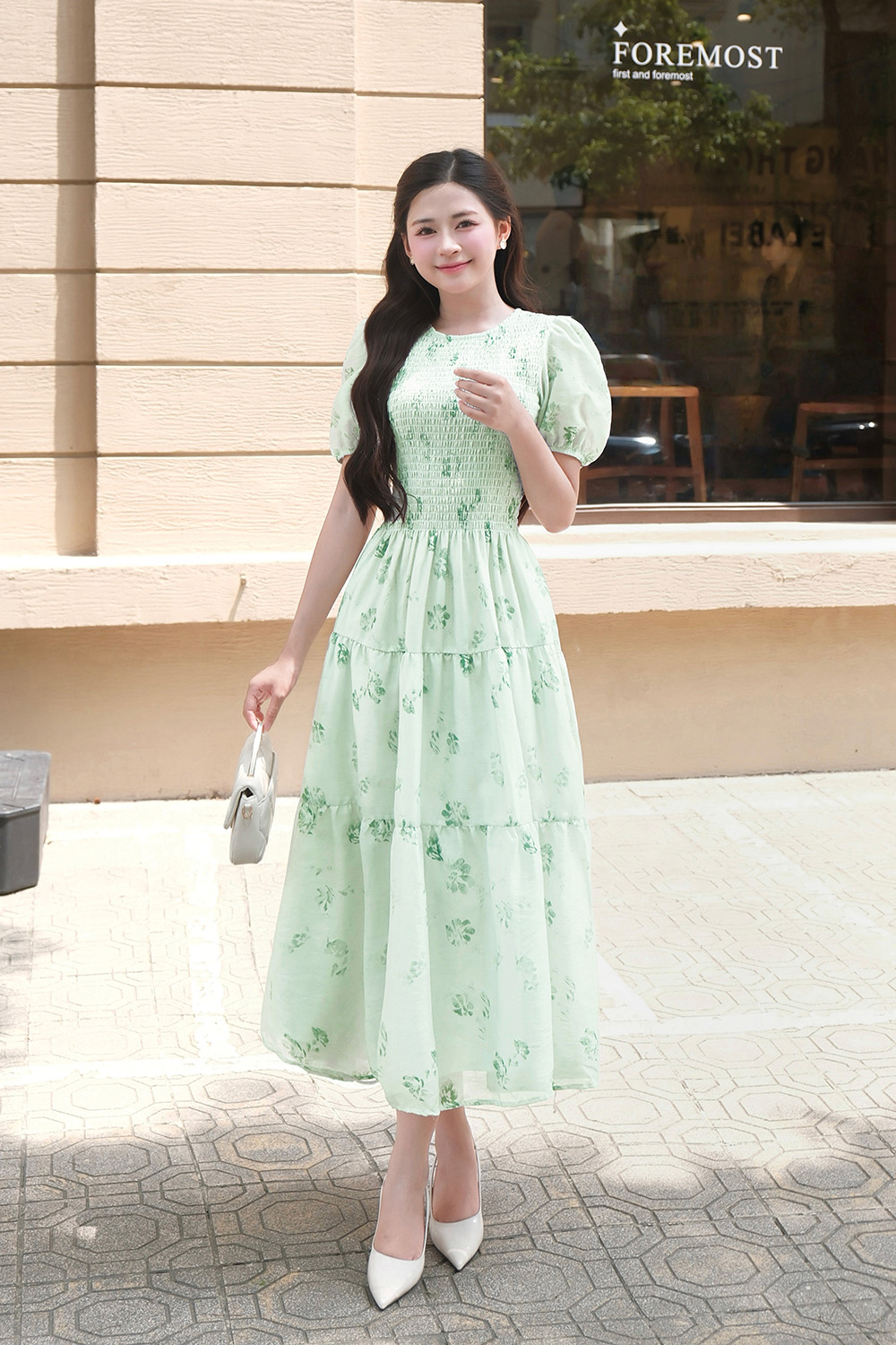 Đầm hoa xòe dáng dài bo chun ngực