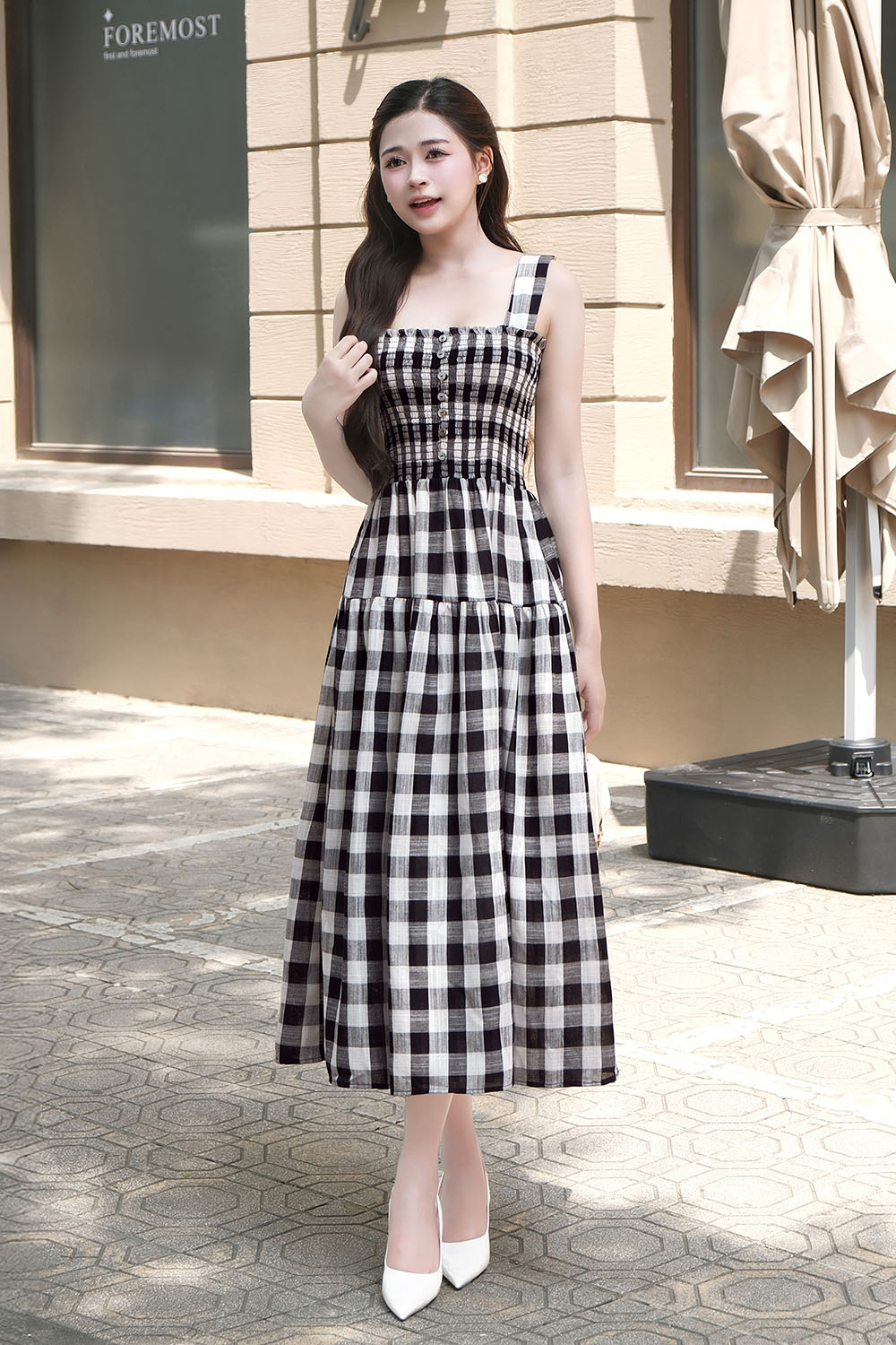 Đầm xòe caro 2 dây bo chun ngực HL31-26