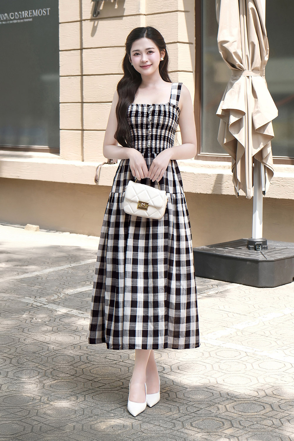 Đầm xòe caro 2 dây bo chun ngực