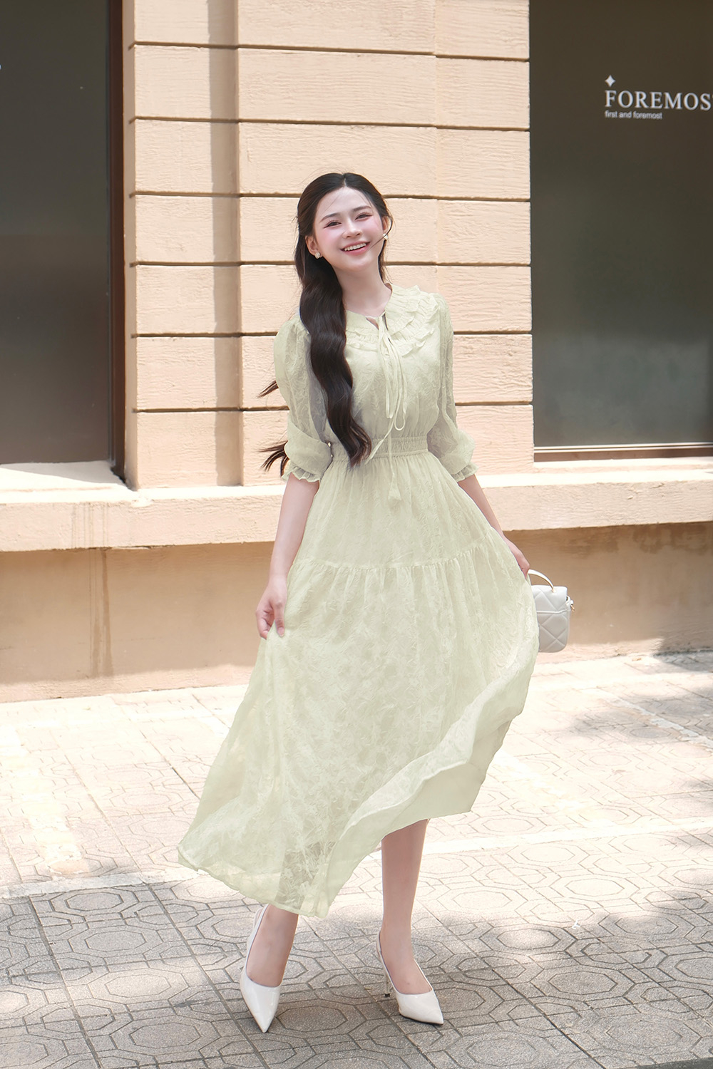 Đầm xòe dài cổ viền bèo phối nơ