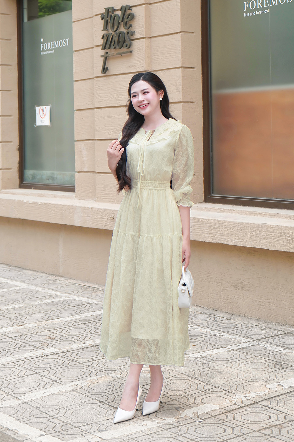 Đầm xòe dài cổ viền bèo phối nơ