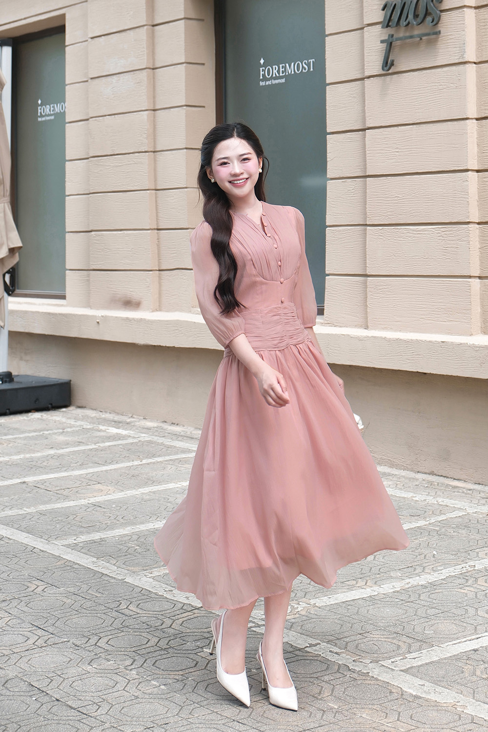 Đầm xòe hồng nhấn eo tay lỡ KK175-39