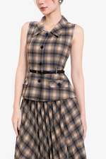 Áo kiểu peplum họa tiết caro phối nút