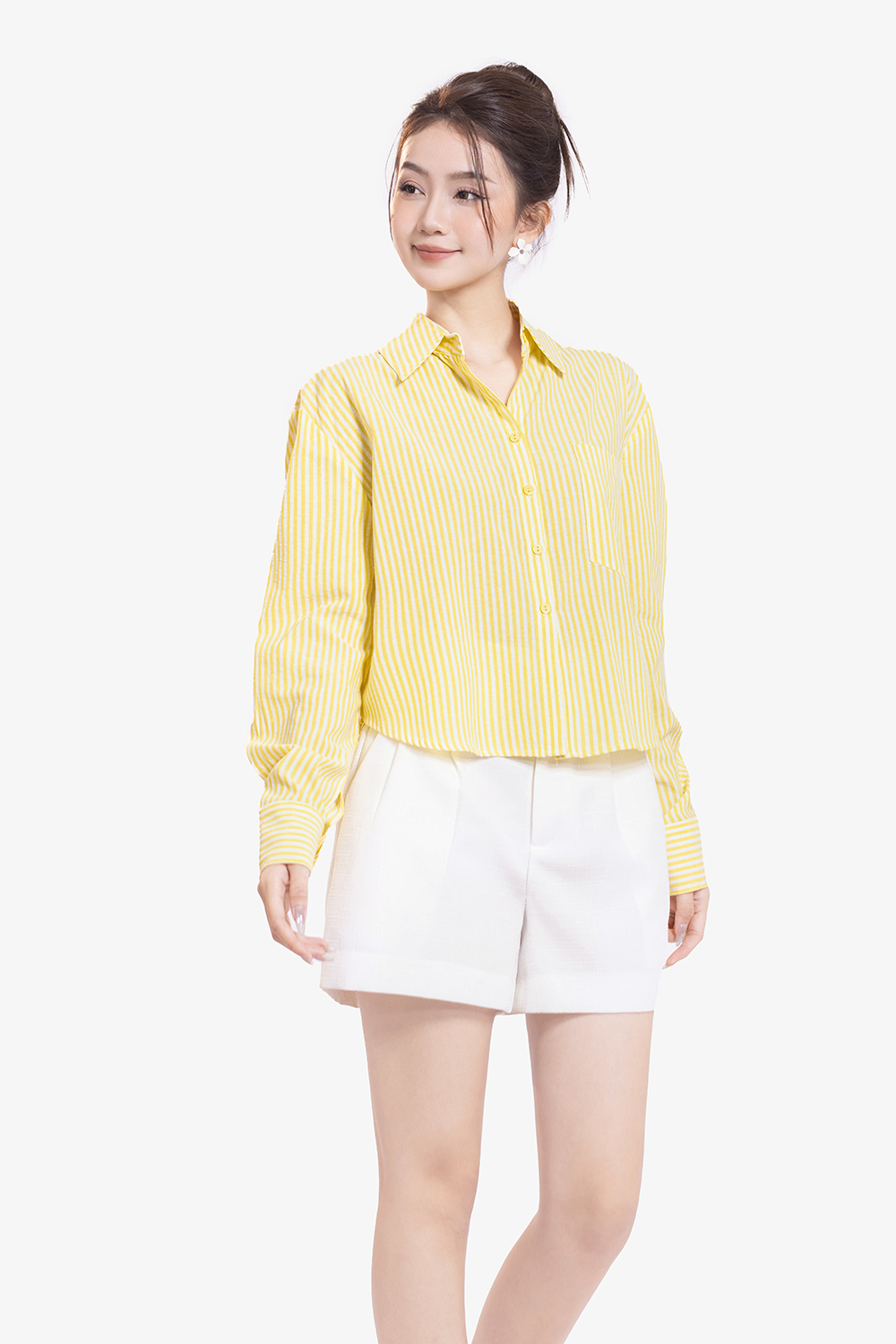 Áo sơ mi nữ kẻ sọc vàng trắng tay dài