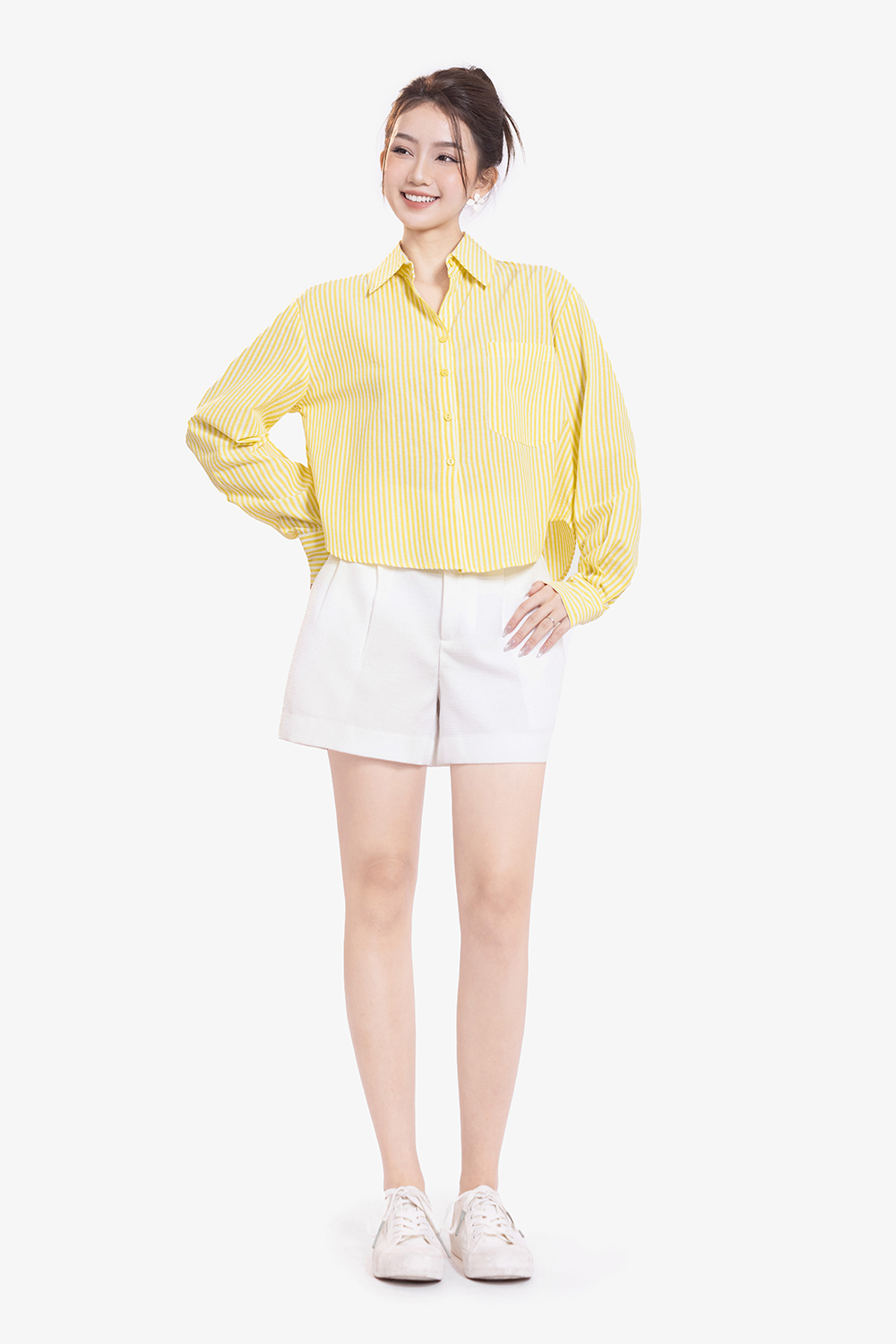 Áo sơ mi nữ kẻ sọc vàng trắng tay dài