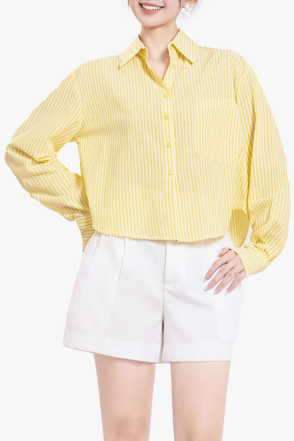 Áo sơ mi nữ kẻ sọc vàng trắng tay dài