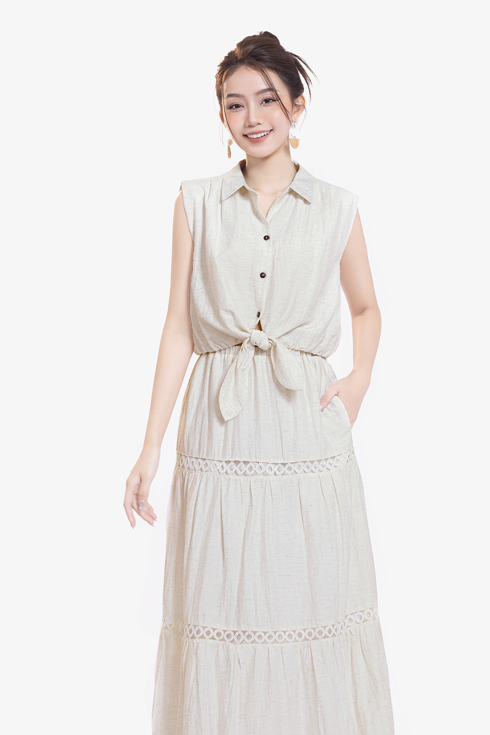 Áo kiểu sơ mi dáng croptop cột nơ