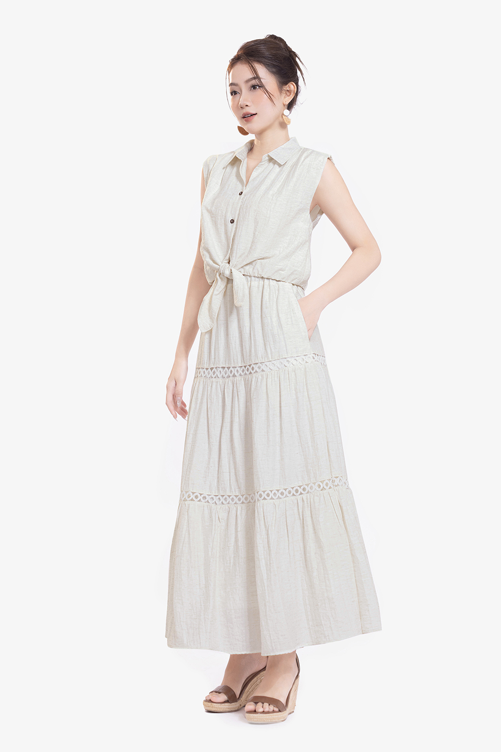 Áo kiểu sơ mi dáng croptop cột nơ