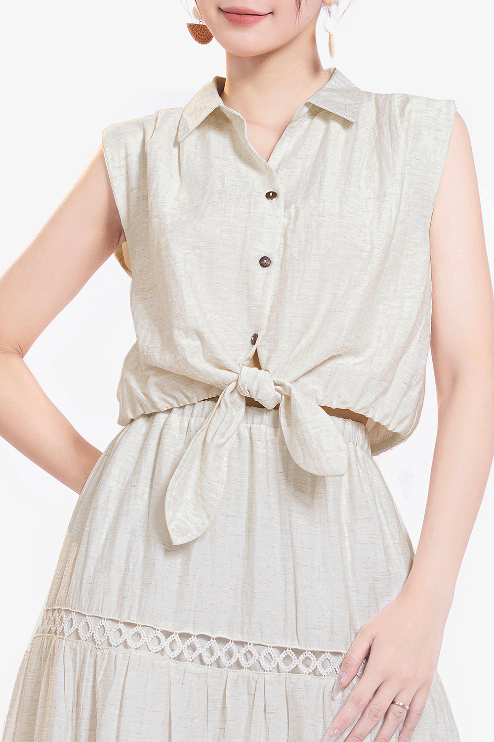 Áo kiểu sơ mi dáng croptop cột nơ