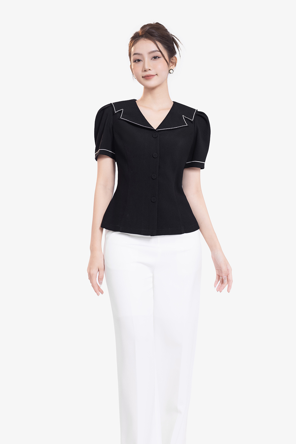 Áo kiểu công sở nữ màu đen viền chỉ trắng