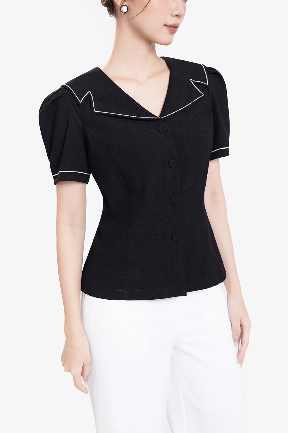 Áo kiểu công sở nữ màu đen viền chỉ trắng