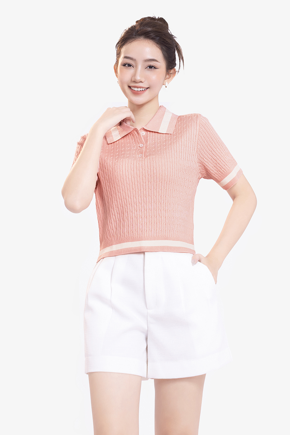 Áo polo len dệt kim hồng viền trắng