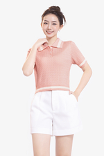 Áo polo len dệt kim hồng viền trắng