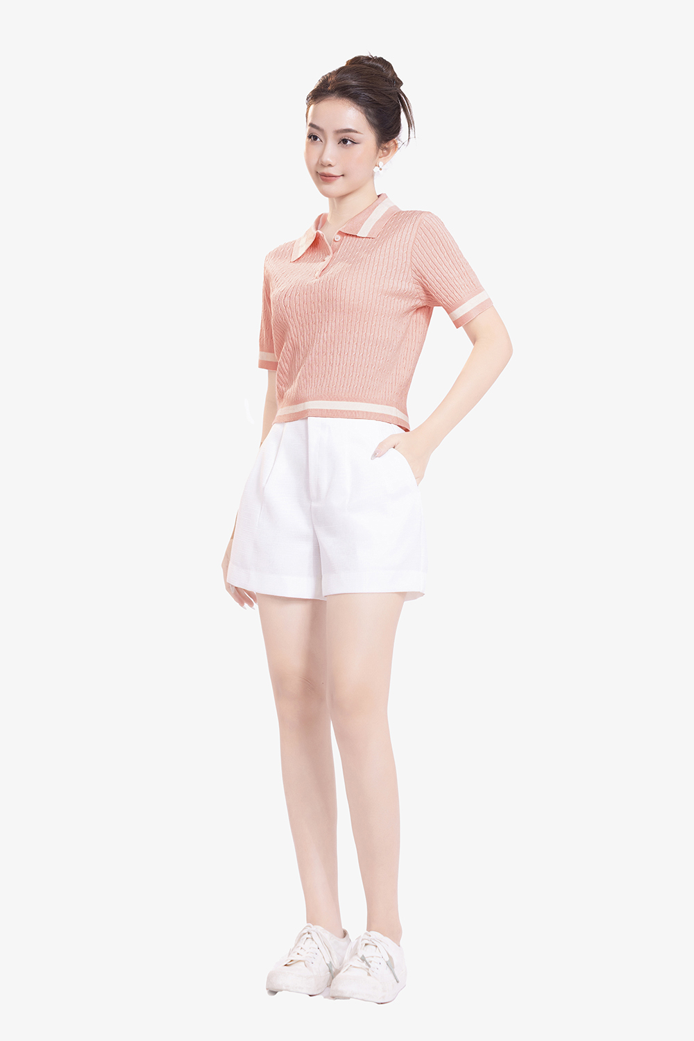 Áo polo len dệt kim hồng viền trắng