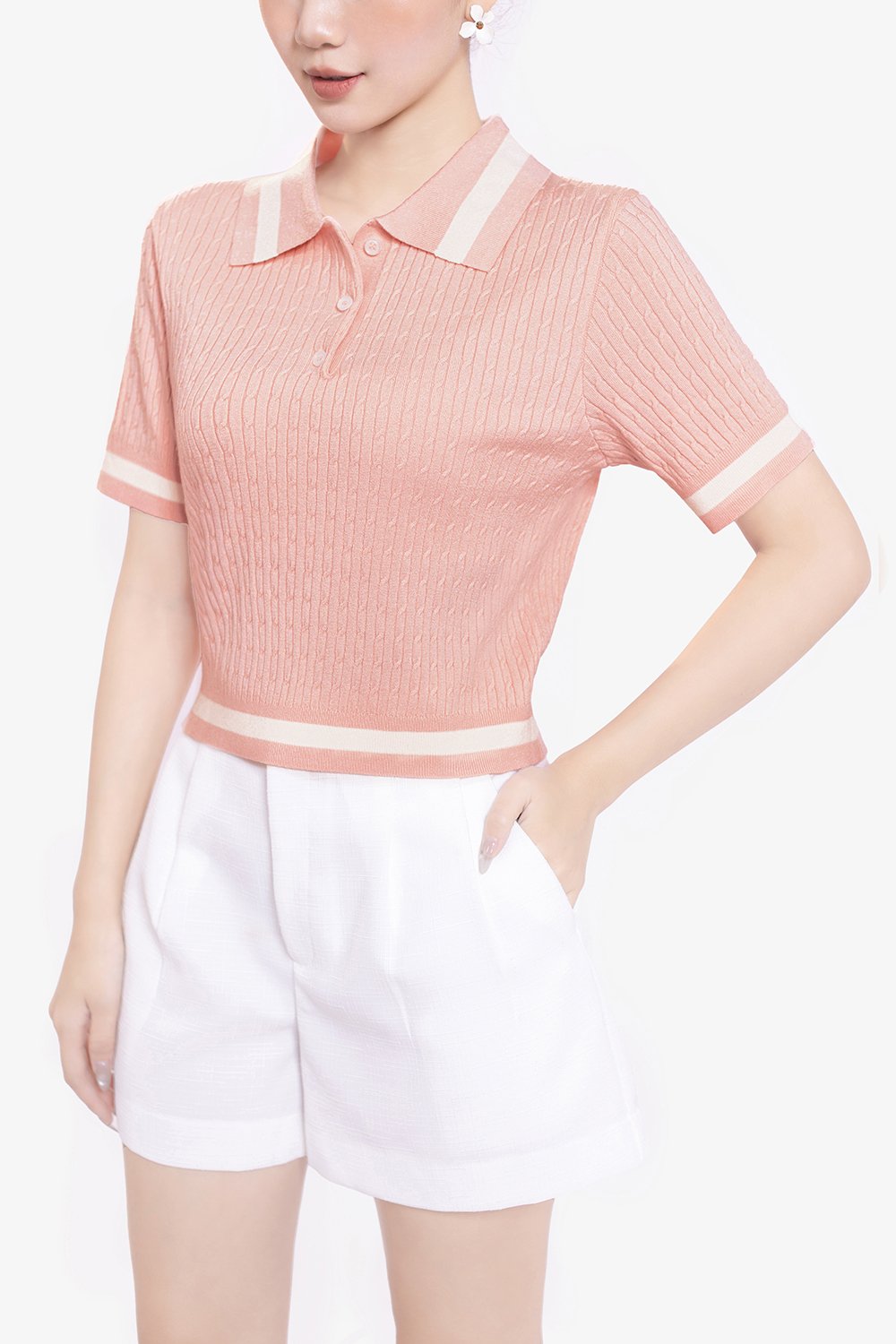 Áo polo len dệt kim hồng viền trắng