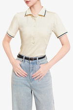 Áo thun polo nữ màu kem phối viền