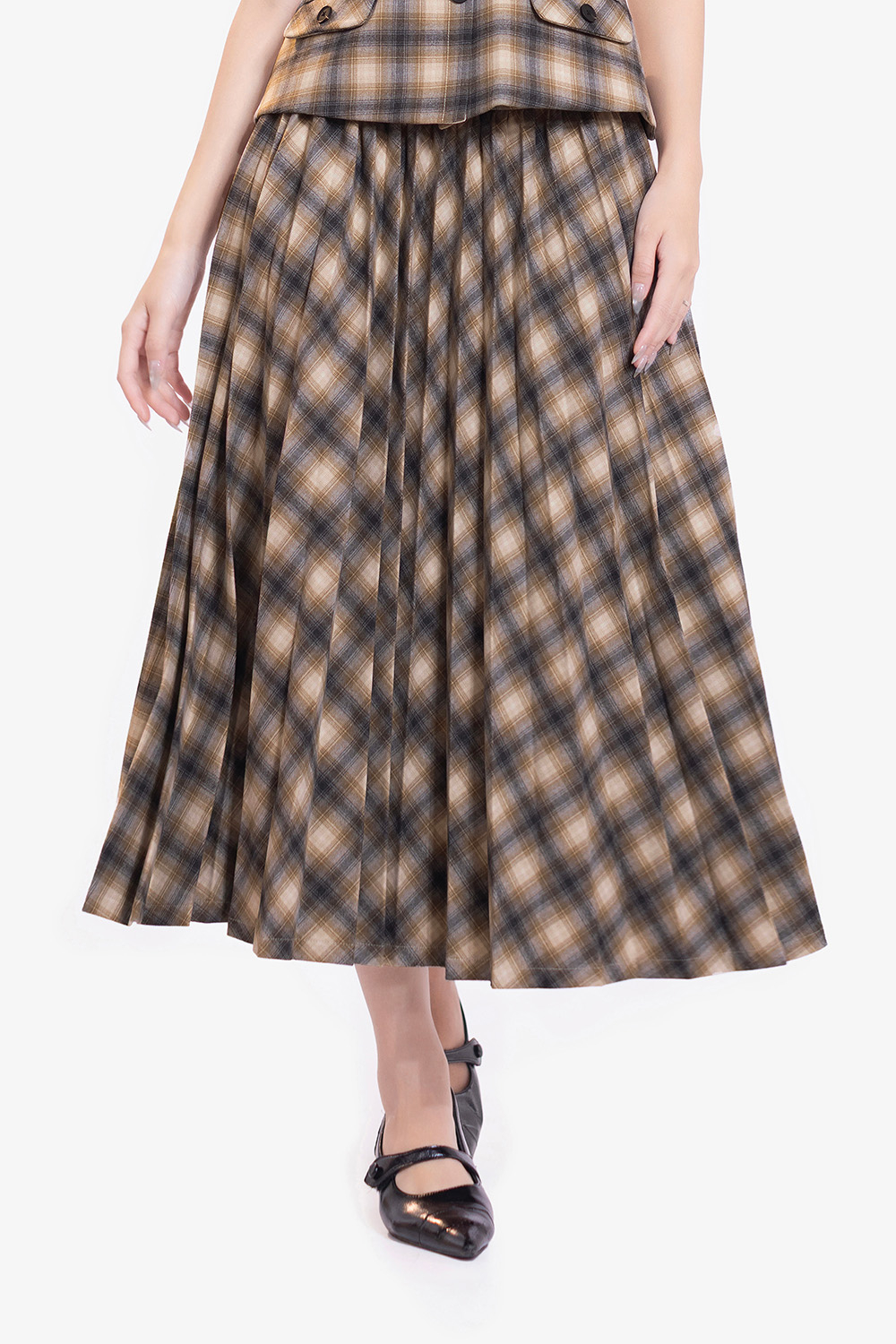 Chân váy xếp ly caro dáng dài midi