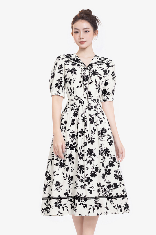 Đầm xòe họa tiết hoa trắng đen HL31-32