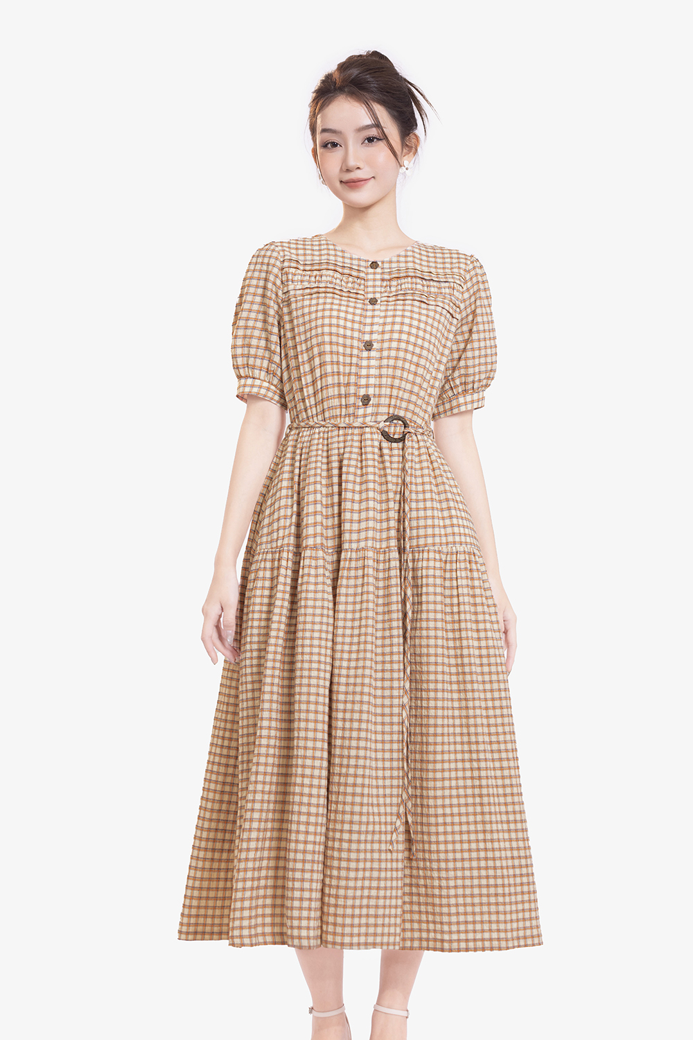 Đầm xòe họa tiết caro nhí dáng dài