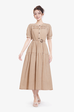 Đầm xòe họa tiết caro nhí dáng dài