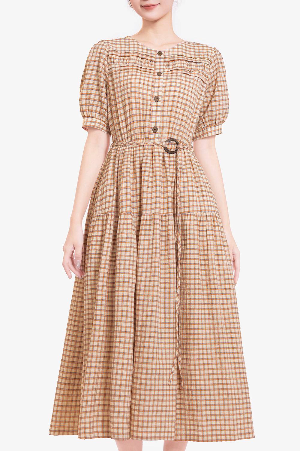 Đầm xòe họa tiết caro nhí dáng dài