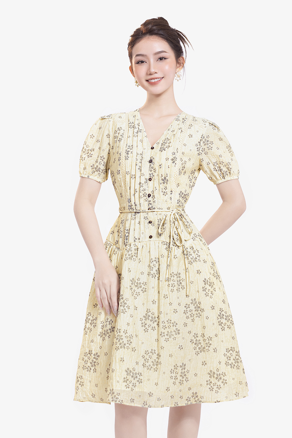 Đầm hoa nhí dáng xòe phối thắt lưng